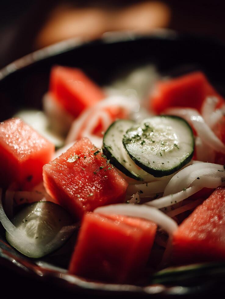 Close Up of Refreshing Watermelon and Cucumber Salad. photo