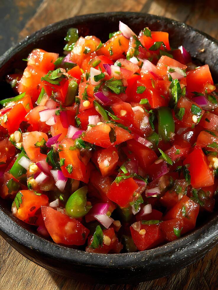 Fresh Tomato Salsa in Rustic Bowl Close up of vibrant diced tomatoes, red onions, and cilantro. photo