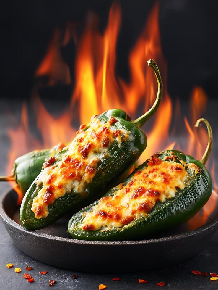 Close up of three delicious cheese stuffed poblano peppers roasting over an open flame. photo