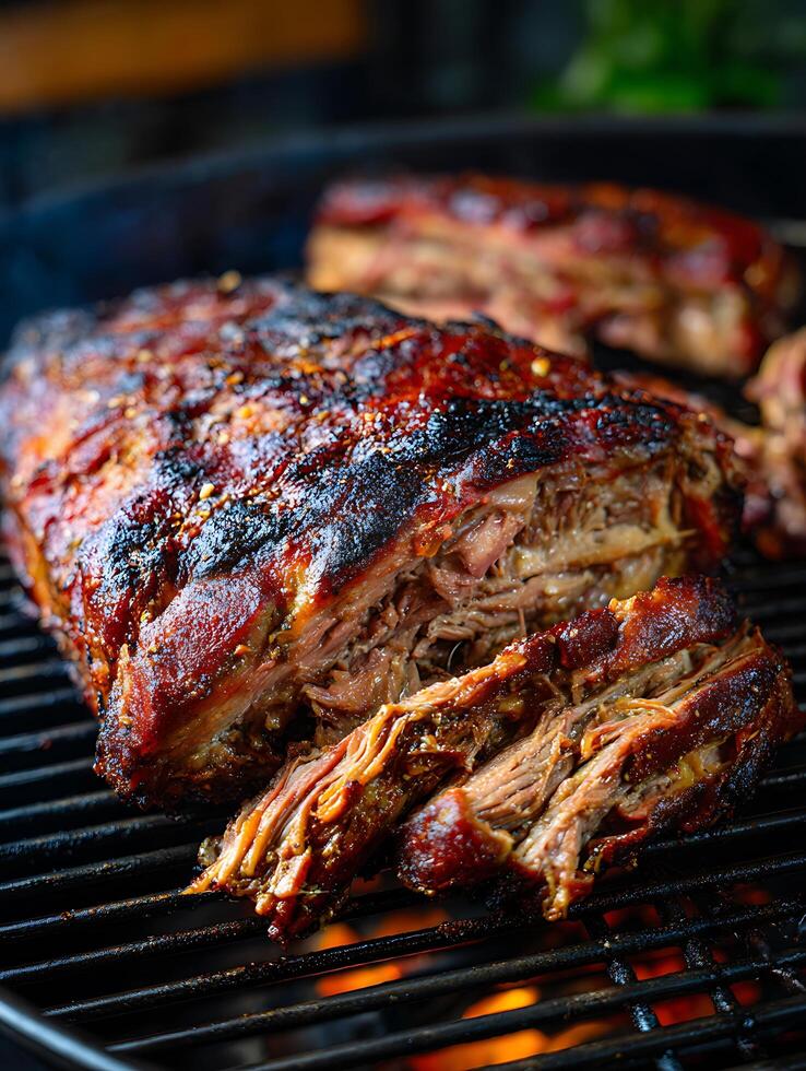 Close Up of Delicious BBQ Pulled Pork on a Grill. Juicy and flavorful meat, perfect for summer barbecues. photo
