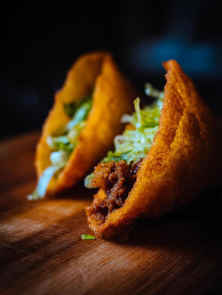 Close Up of Delicious Crispy Tacos with Ground Beef and Lettuce. A mouthwatering image perfect for food blogs, menus, and culinary websites. photo