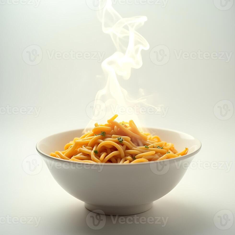 Serving of Steaming Pasta in White Bowl on Bright Background photo