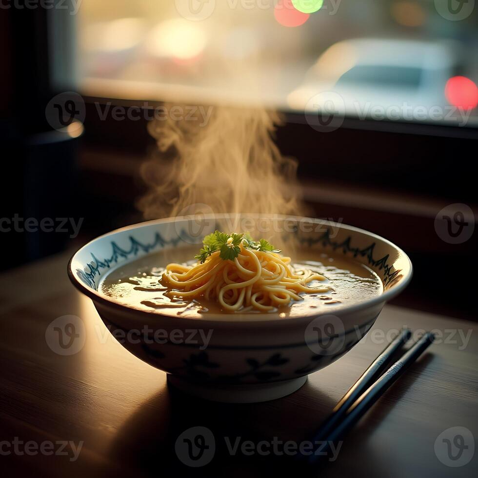 Serving of Hot Noodle Soup with Steam and Chopsticks photo