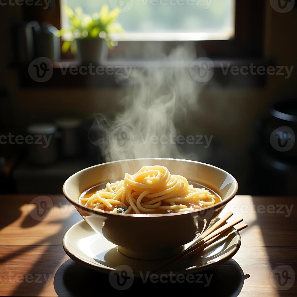 Hot Noodles in Bowl with Steam on Wooden Table by Window photo