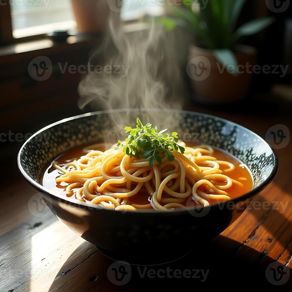 Bowl of Steaming Noodles with Herbs on Wood Table photo