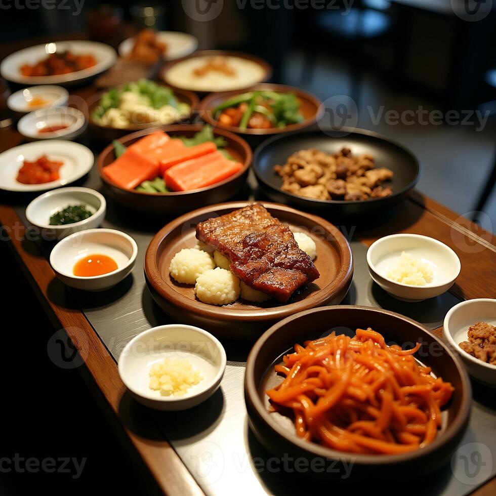 Assortment of Delicious Asian Food in Bowls Ready to Eat photo