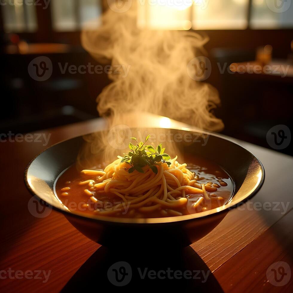 Serving Hot Pasta Soup with Herb Garnish and Steaming Aroma photo