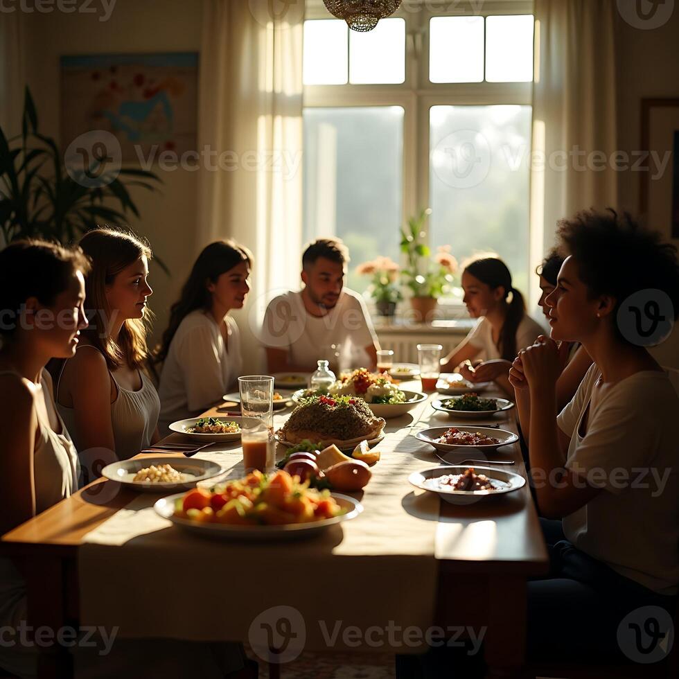 People Enjoying Meal Together at Table in Bright Room photo
