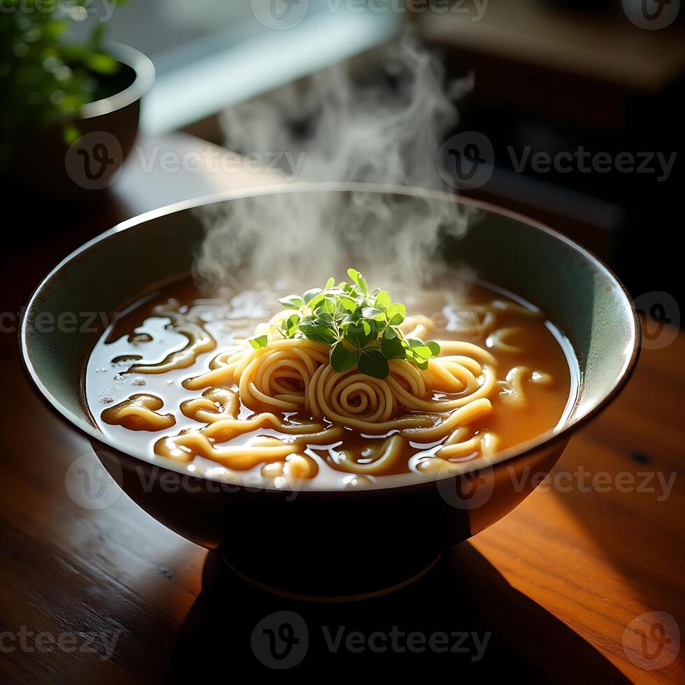 Serving of Noodles with Broth and Greens Steaming in a Bowl photo
