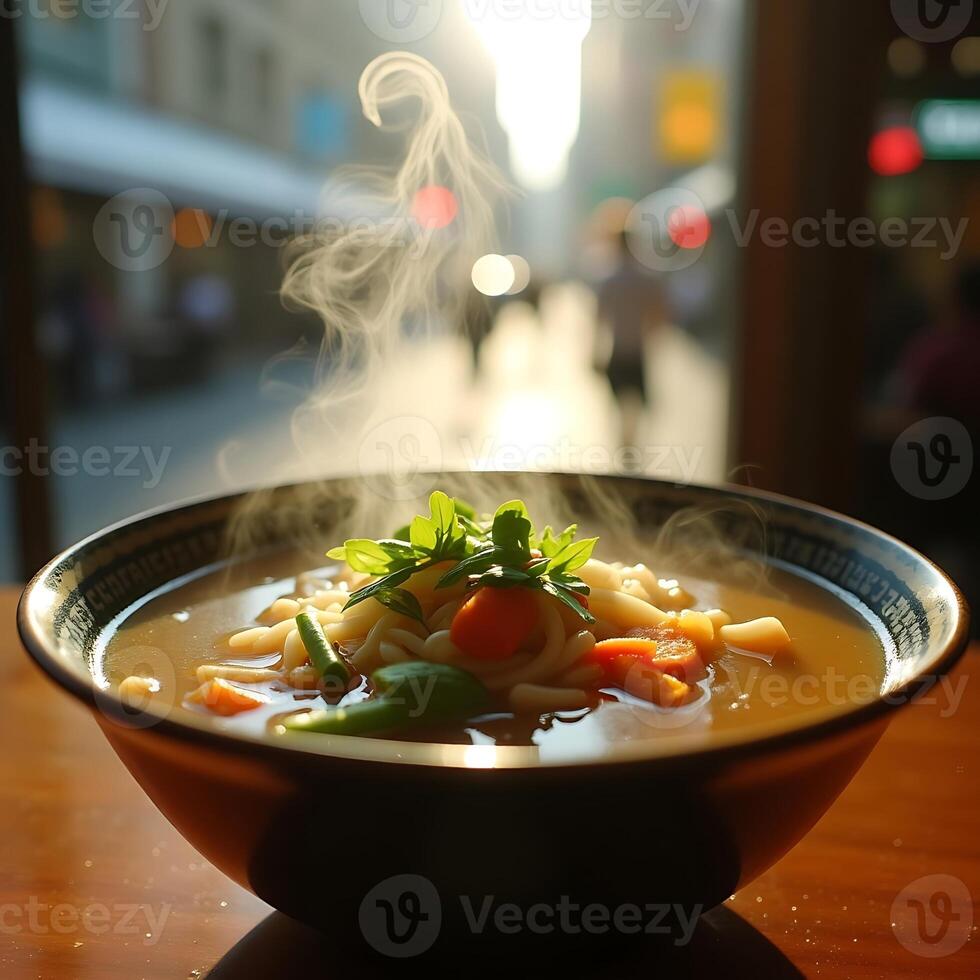 Steaming Noodle Bowl Close-up with Fresh Vegetables on Table photo