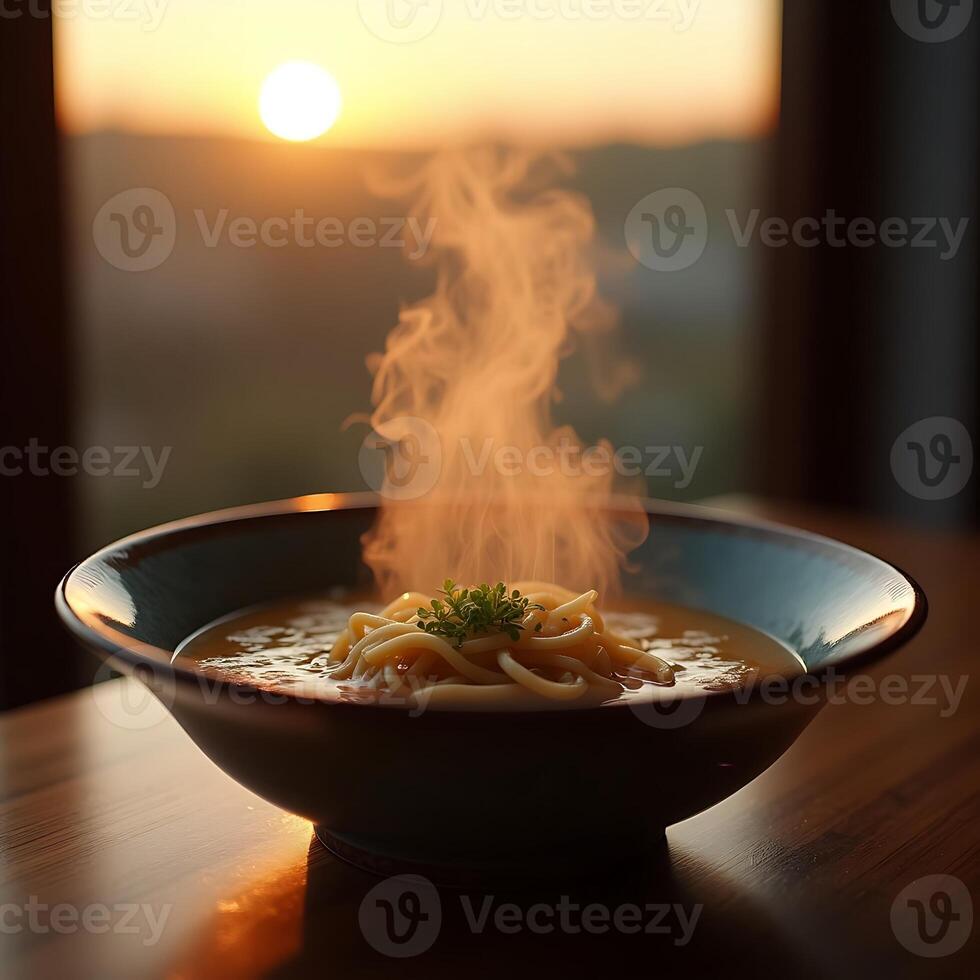 Noodle Soup Steaming at Sunset in Bowl on Table photo