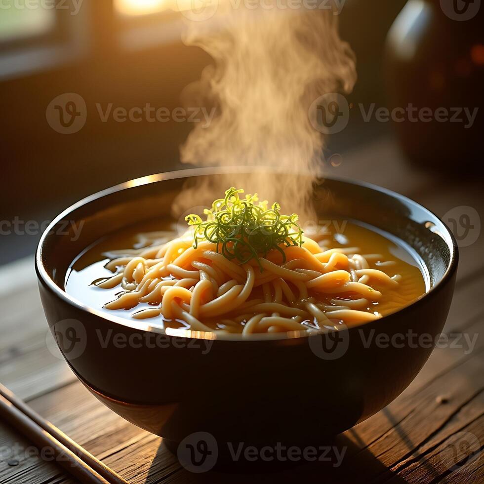 Steaming Noodle Soup with Green Garnish in Bowl on Wooden Table photo