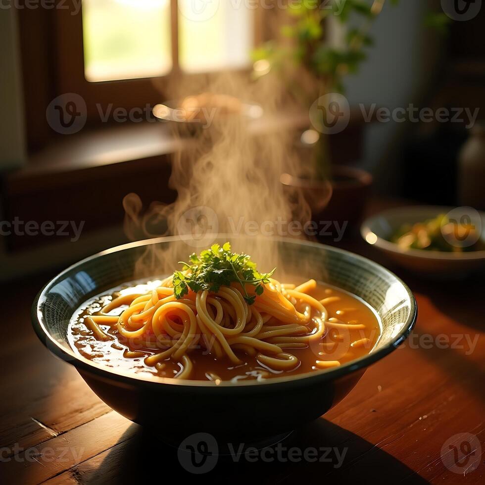 Hot Noodle Soup with Herbs Steaming on a Wooden Table photo