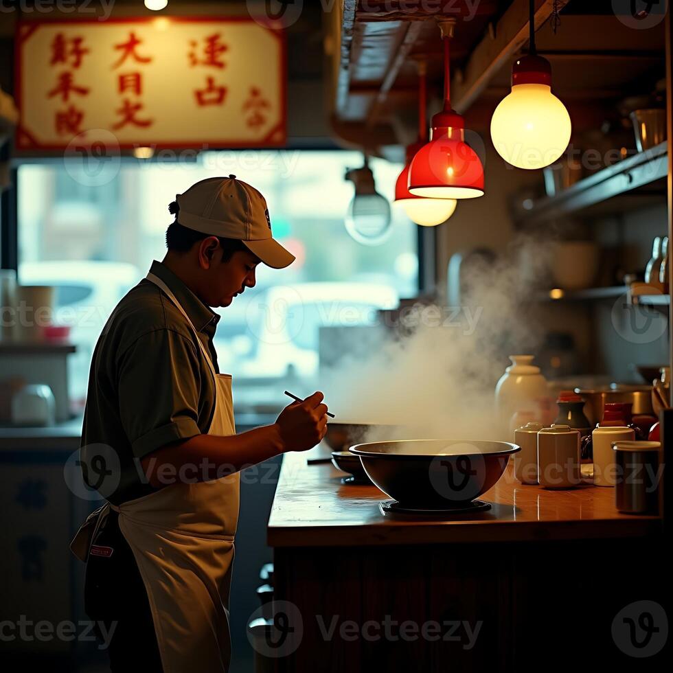 Chef Cooking Meal with Steam in Restaurant Kitchen photo