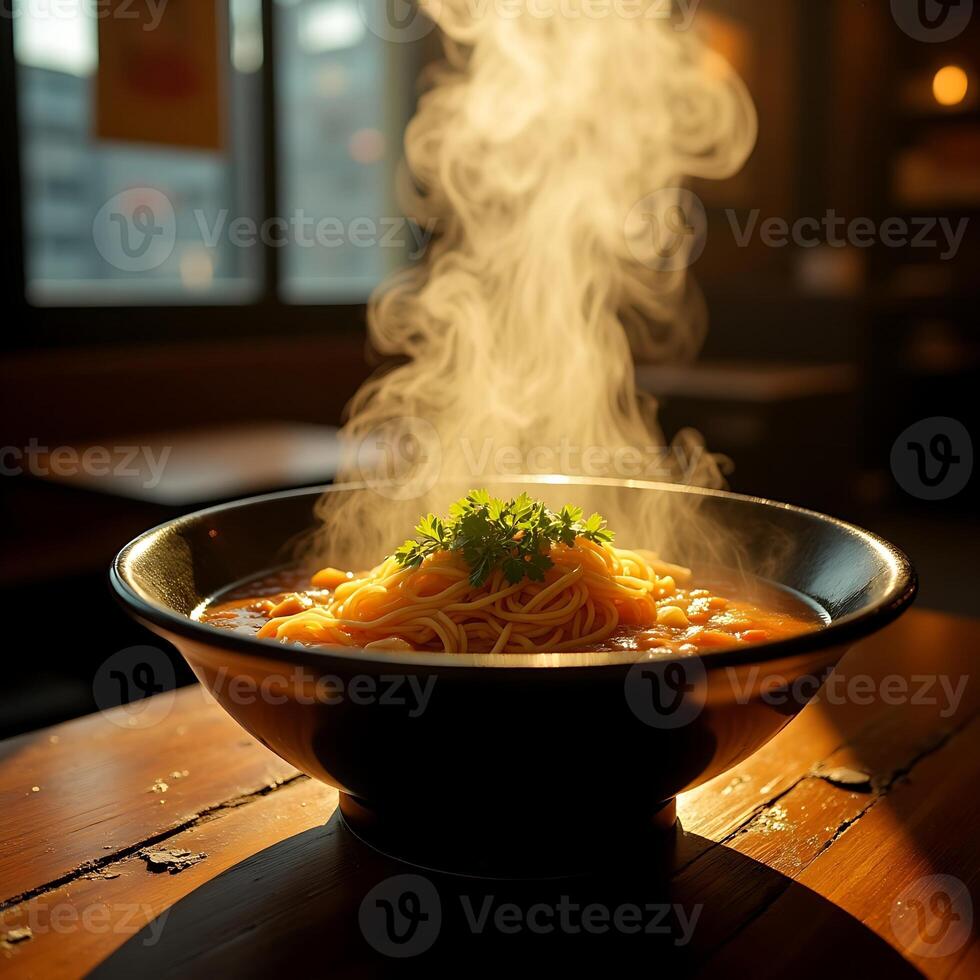 Steaming Pasta with Tomato Sauce and Parsley in Bowl photo