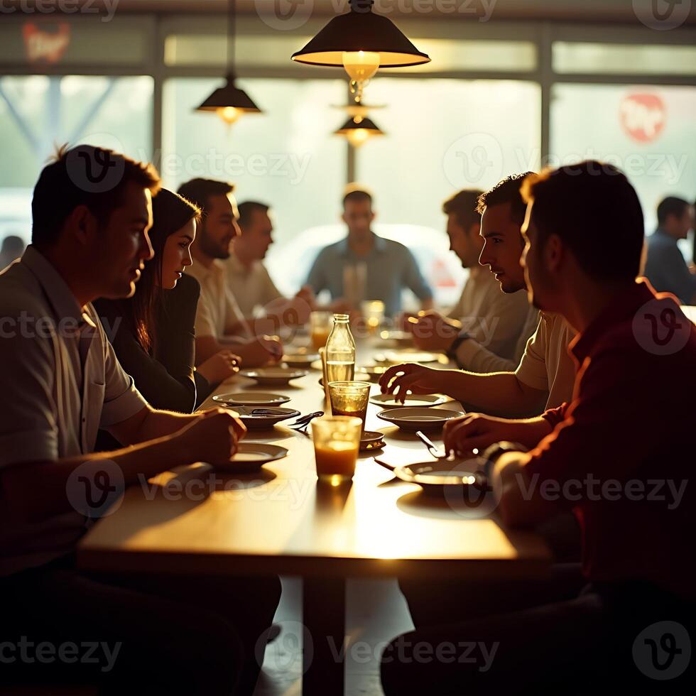 People Dining at Long Table Together in Restaurant Setting photo