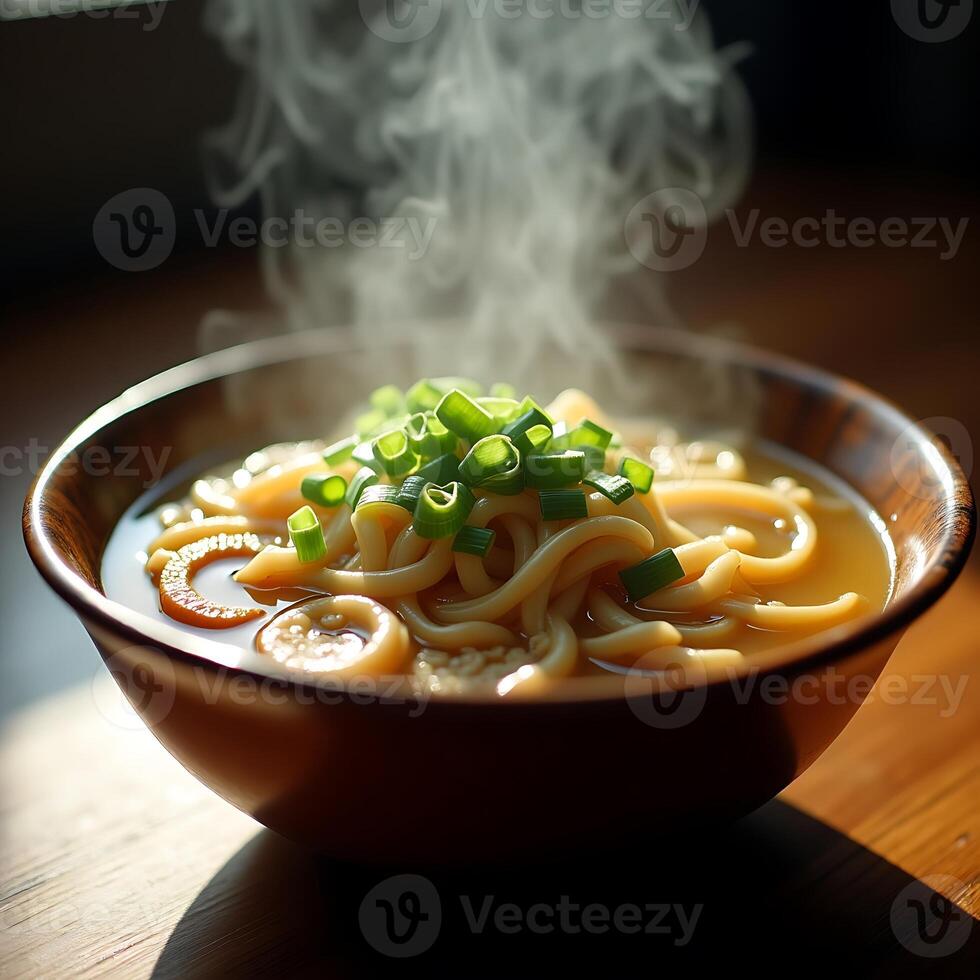 Serving of Hot Noodle Soup with Green Onions in Bowl photo