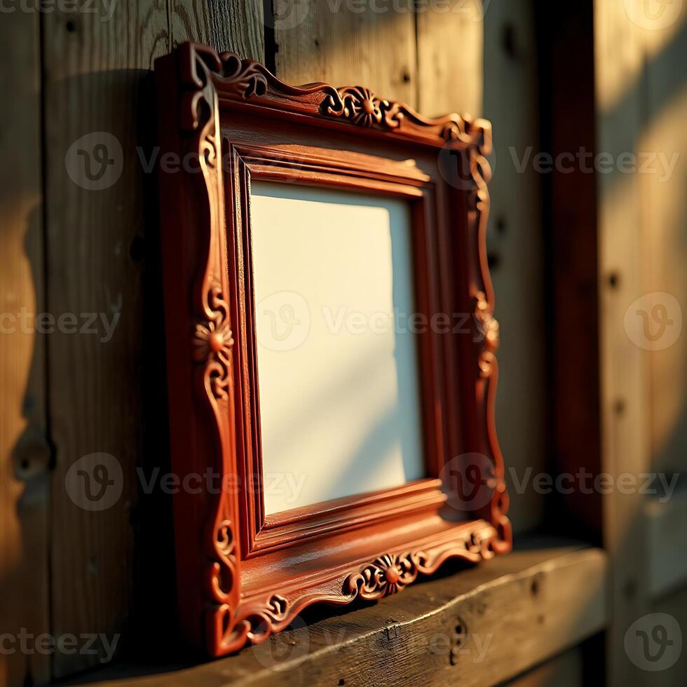 Ornate Picture Frame on Wooden Surface with Blank Space photo