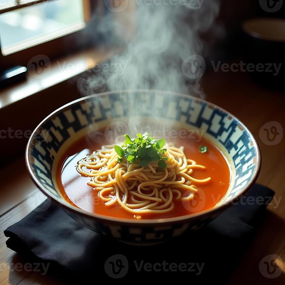 Serving Steaming Noodle Soup with Fresh Garnish in Patterned Bowl photo