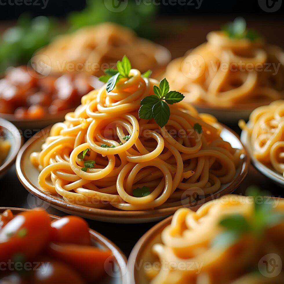 Serving of Pasta Dish with Fresh Herbs Close Up photo