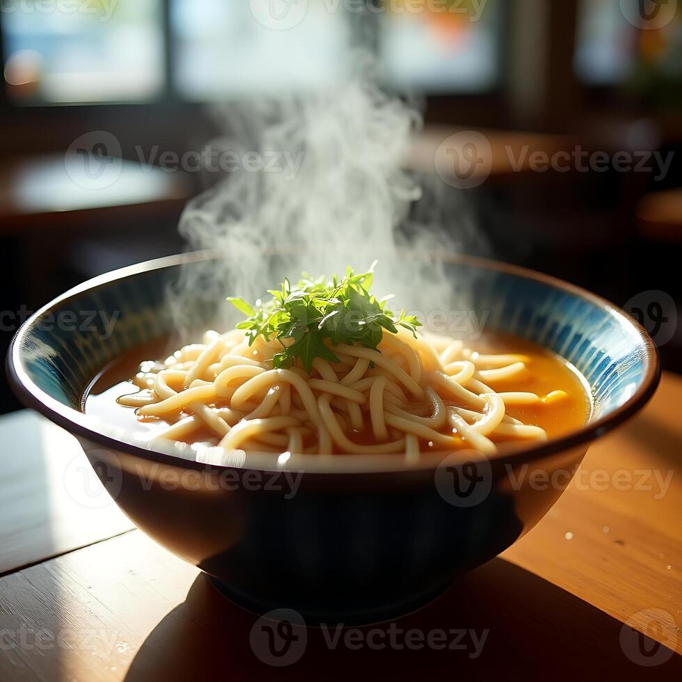 Serving of Steaming Noodle Soup with Greens in a Blue Bowl photo
