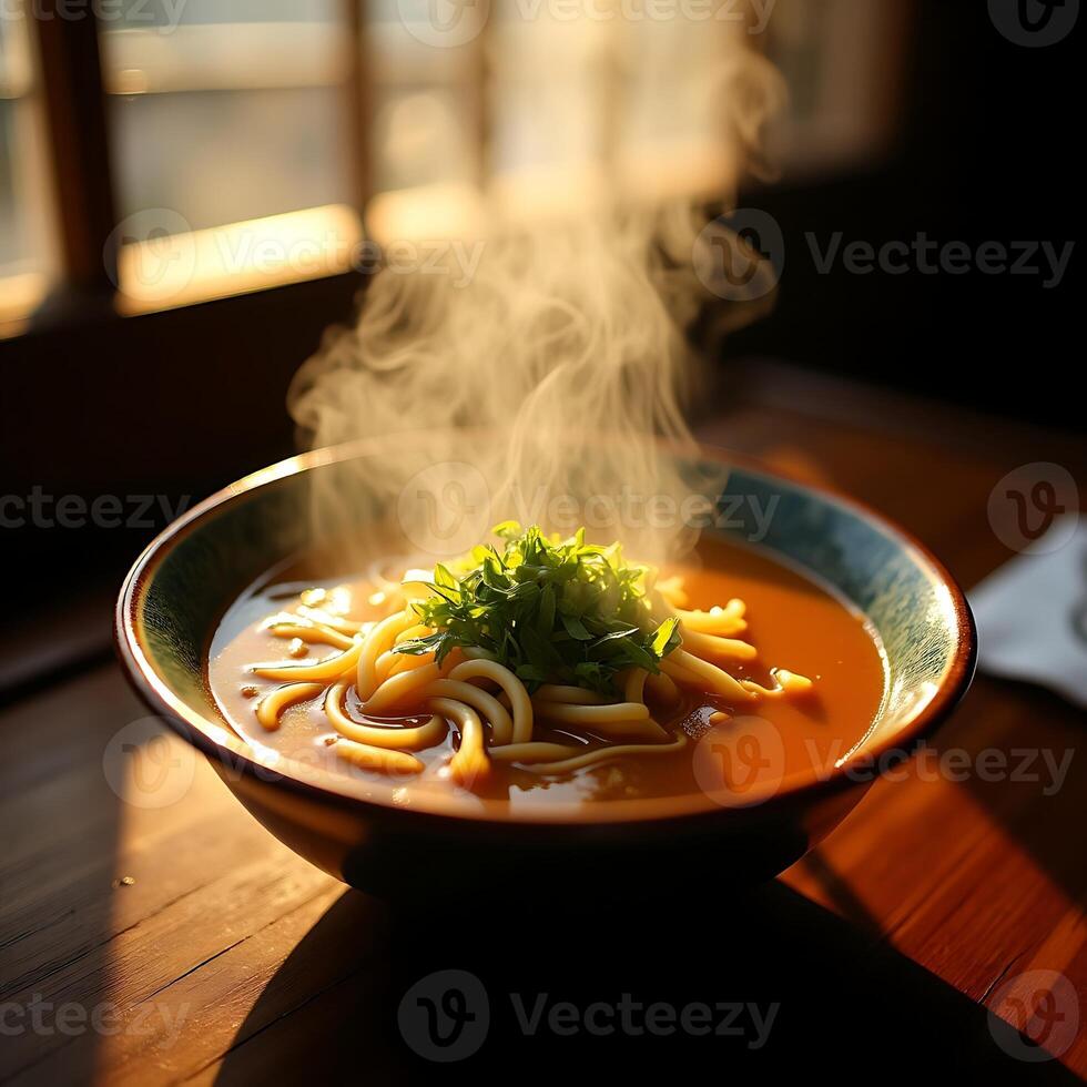 Bowl of Hot Noodle Soup with Herbs Steaming on Table photo