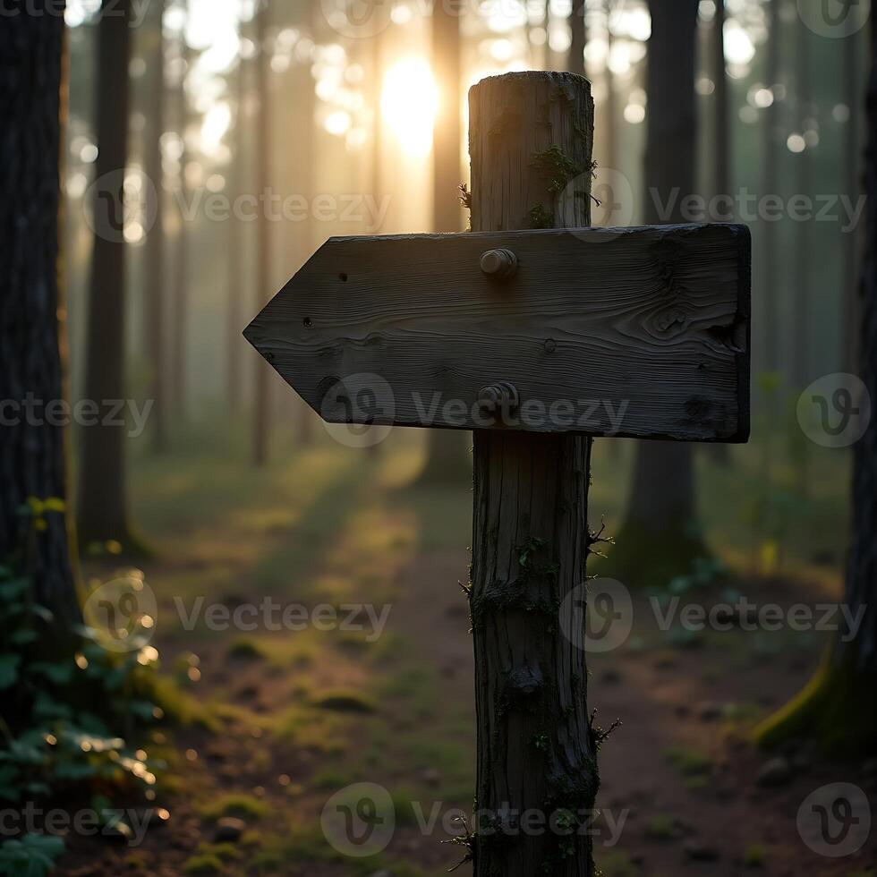 Directional Arrow Signpost in Forest During Golden Hour Sunlight photo