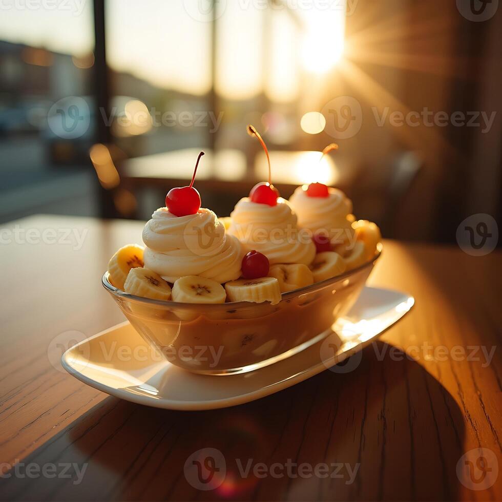 Enjoying a Creamy Banana Split Sundae with Cherry Topping photo