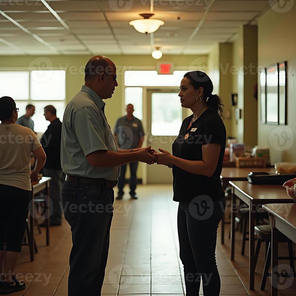 People Talking in a Bright Cafeteria Setting Conversation and Interaction photo
