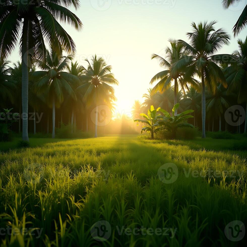 Palm Tree Grove with Golden Sunlight Shining Through photo