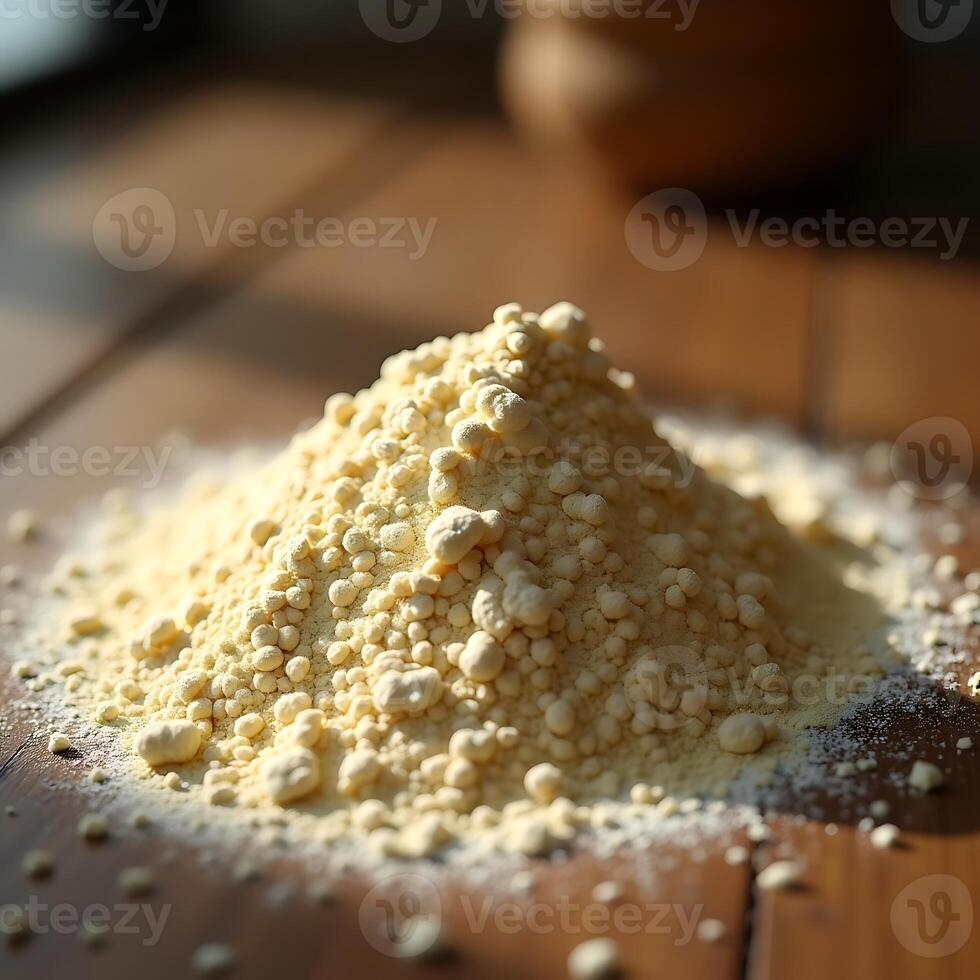 Powdered Ingredient on Wood Surface Closeup photo