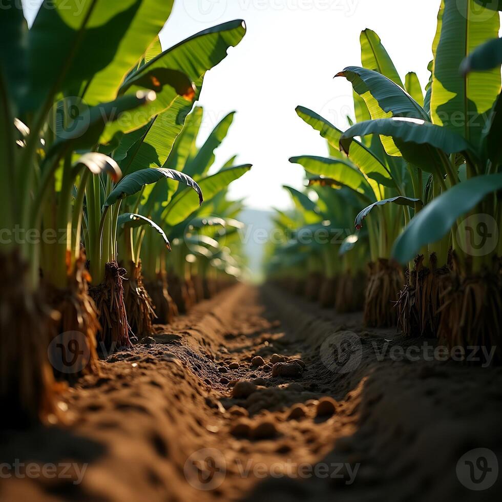 Walking Path Between Rows of Banana Plants in Farm Under Sunlight photo