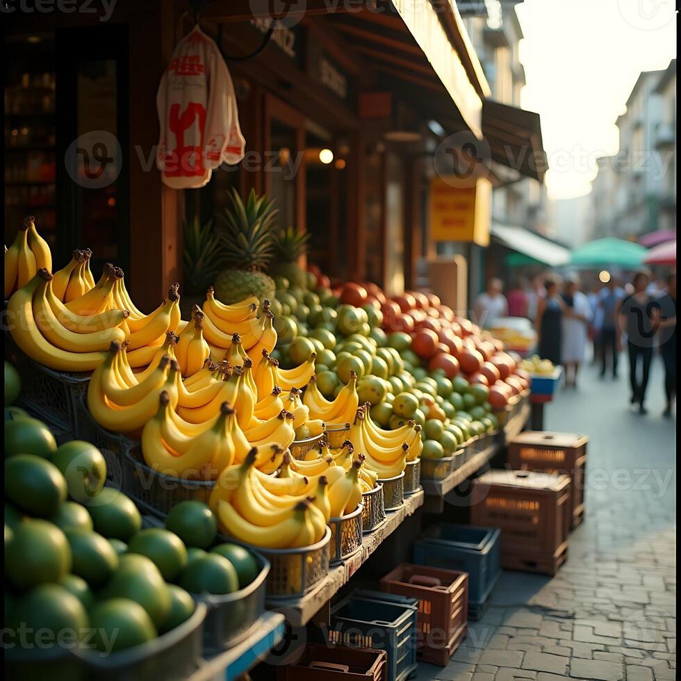 Fresh Fruit Display at Outdoor Market with Bananas and Produce photo