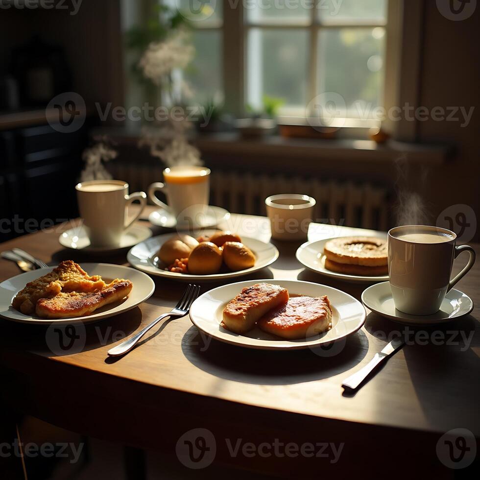 Breakfast Table with Pancakes, Eggs, and Coffee in Morning Sunlight photo