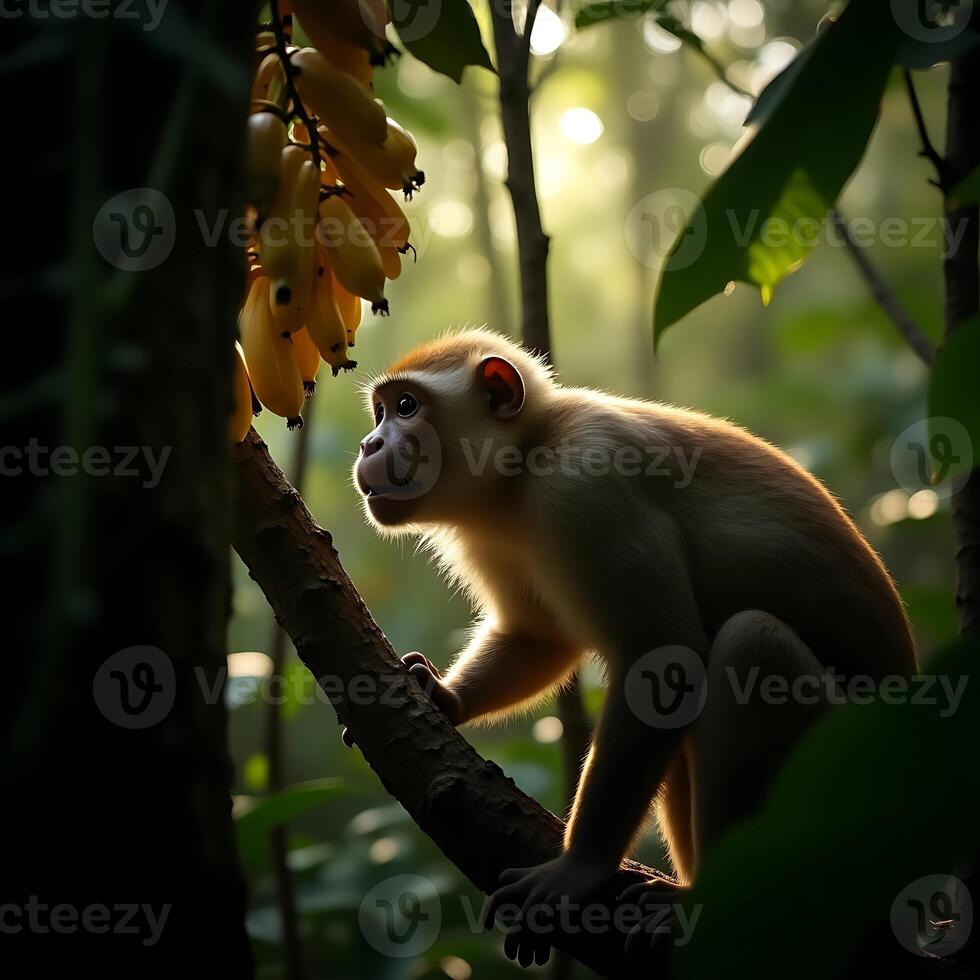 Monkey Climbing on Branch Looking at Yellow Bananas in Jungle photo