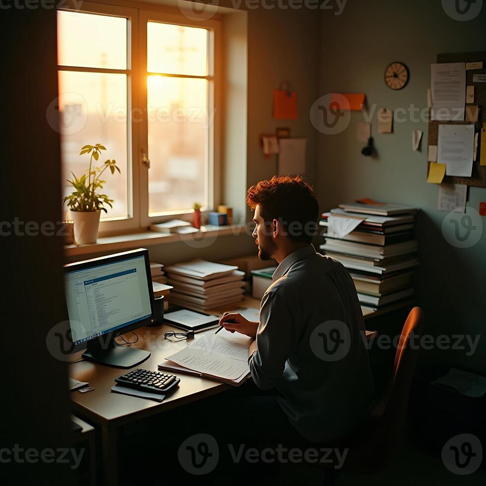 Man Working at Desk with Computer by Window at Sunset photo