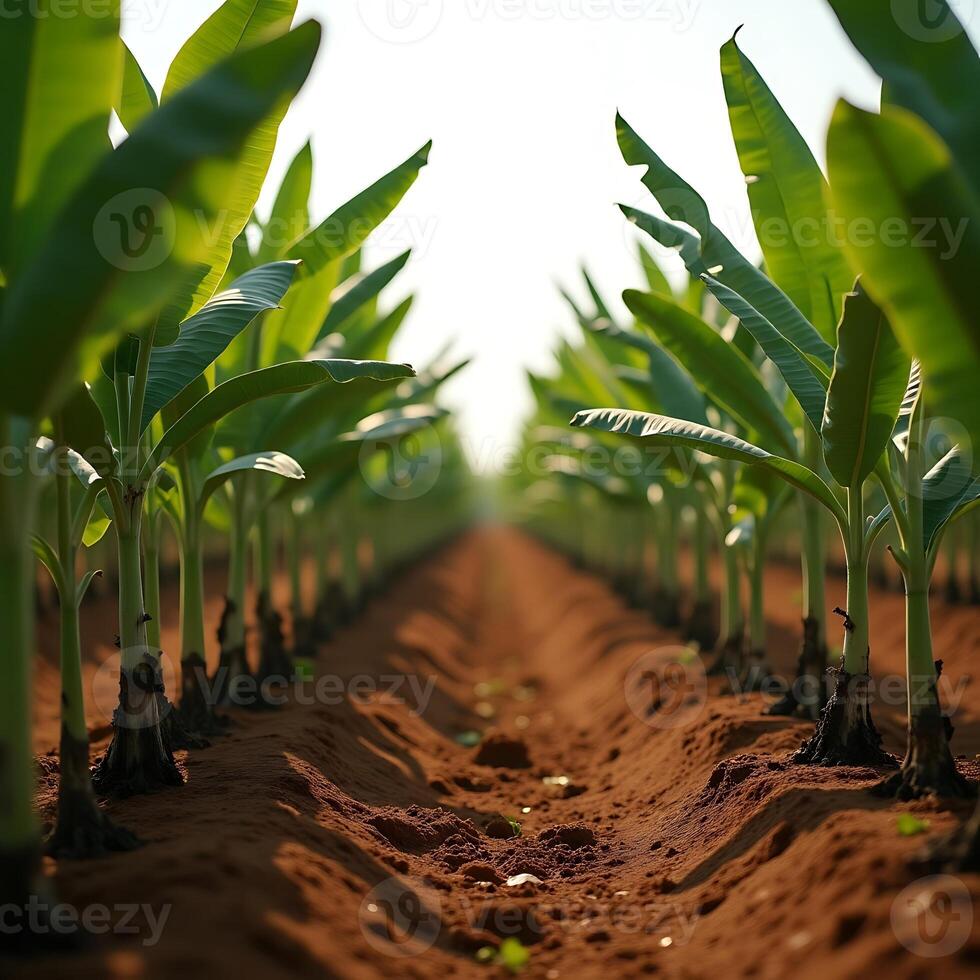 Plantation View Showing Rows of Young Plants in Brown Soil photo