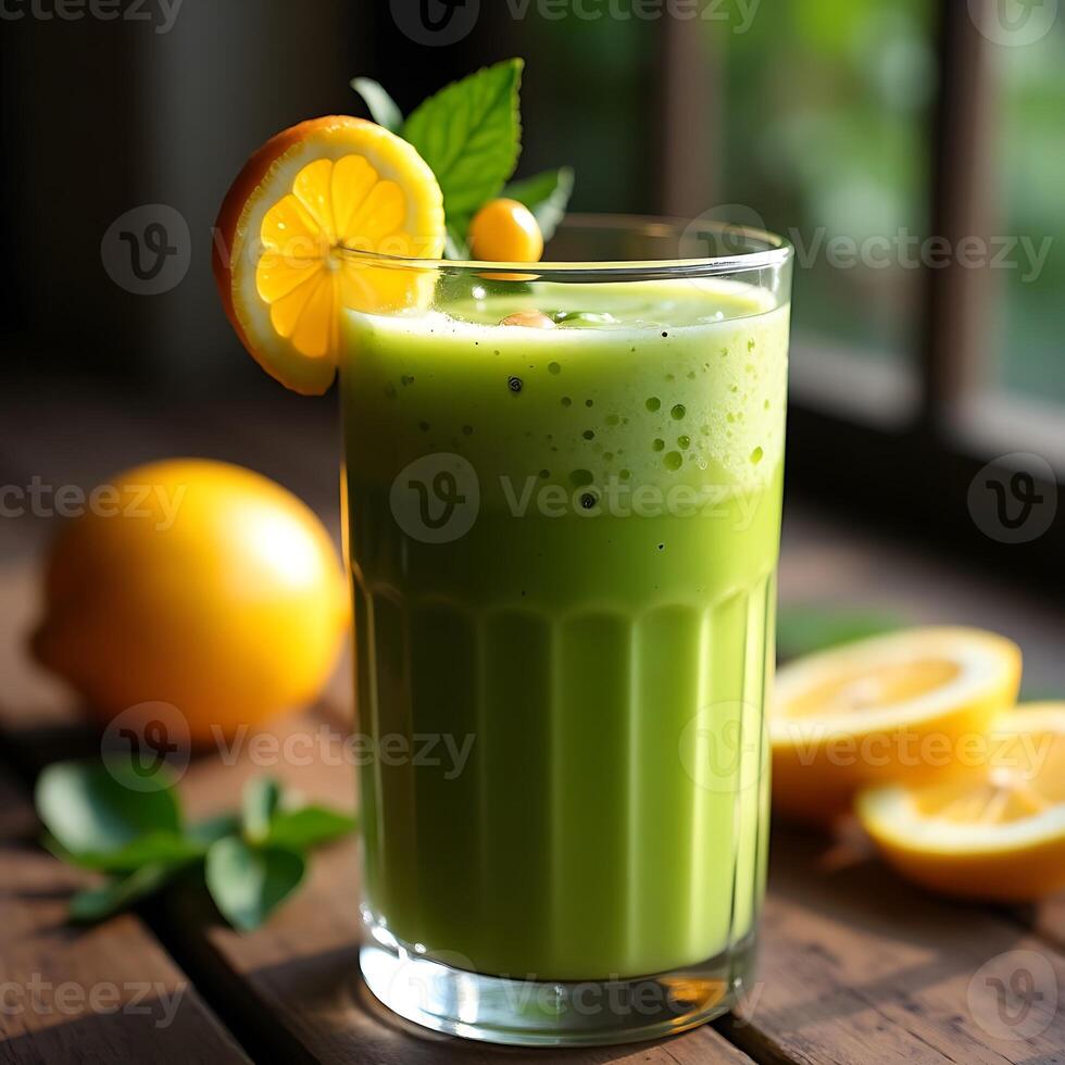 Green Juice in Glass with Citrus Slice on Wood Table Refreshing Drink photo