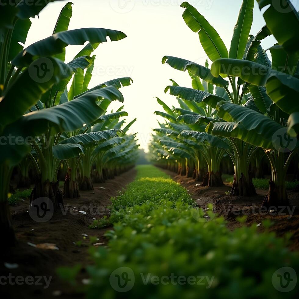 Banana Trees Growing in Row on Farm at Sunrise photo