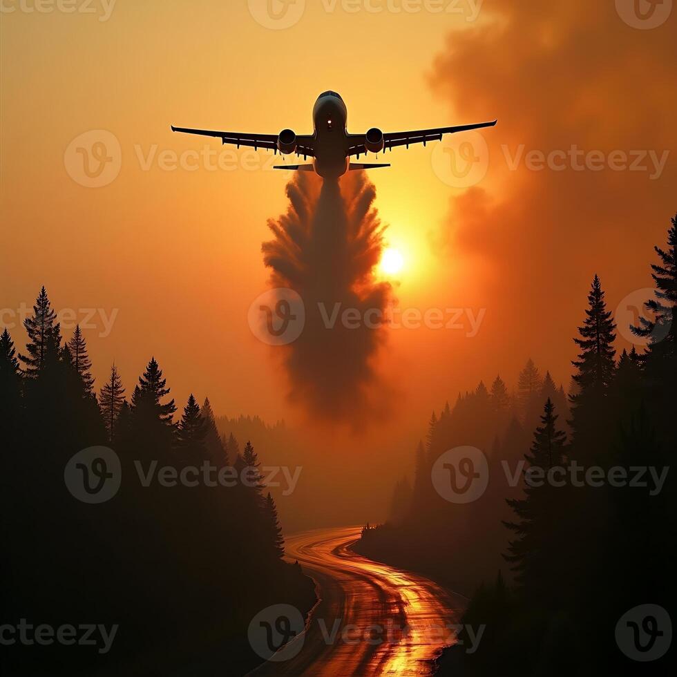 Airplane Taking Off at Sunset Over Forest Road photo