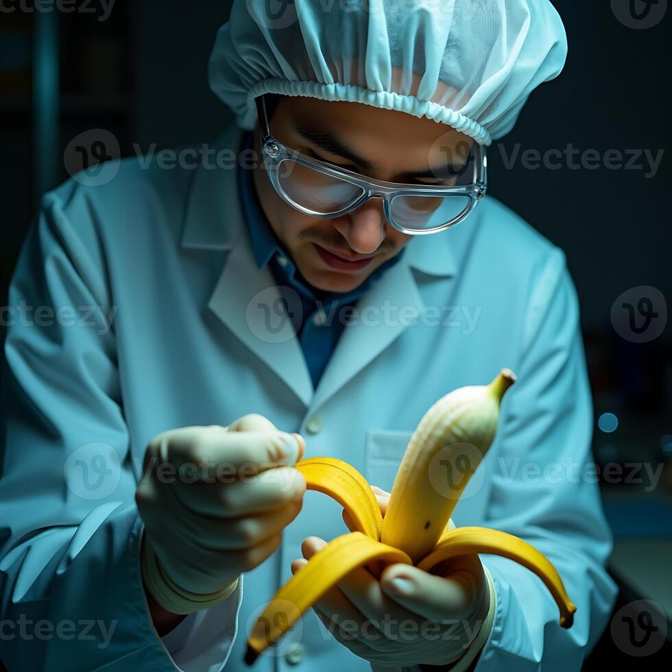 Scientist Peeling Banana in Lab for Analysis Examination photo