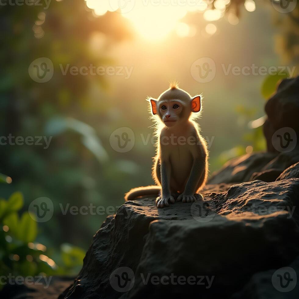 Monkey Sitting on Rock at Sunrise with Lush Forest Backdrop photo