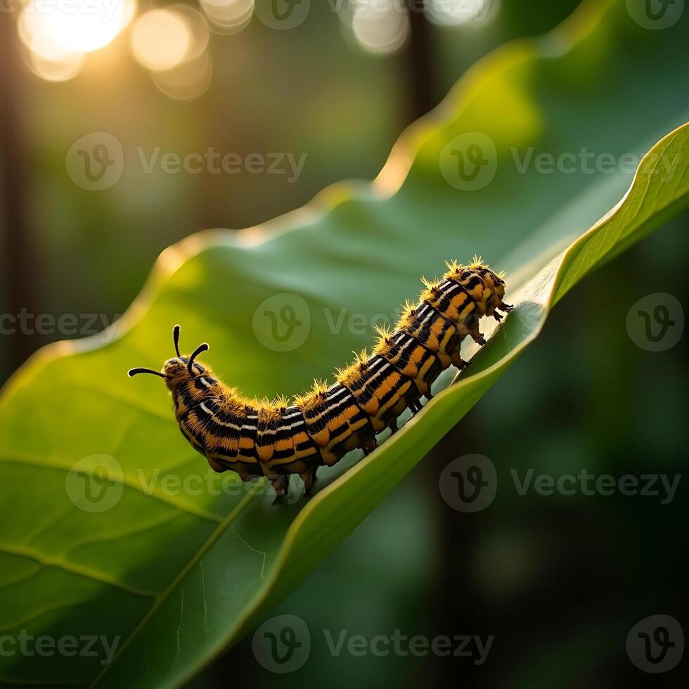 Caterpillar Crawling on Green Leaf in Sunlight photo