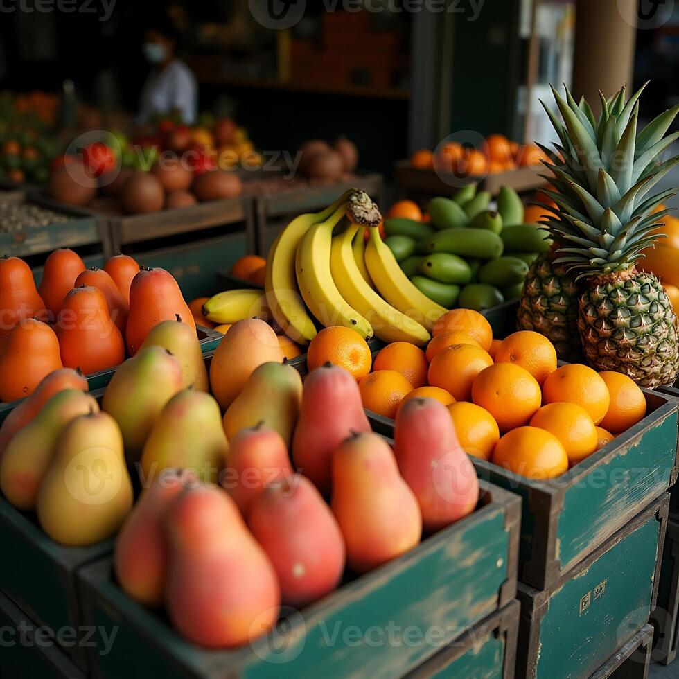 Fresh Fruit Variety Displayed in Wooden Crates at Market photo
