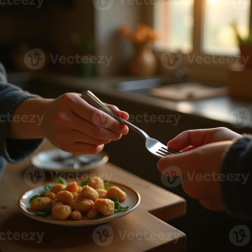 Sharing Appetizer with a Fork in Warm Kitchen Setting photo