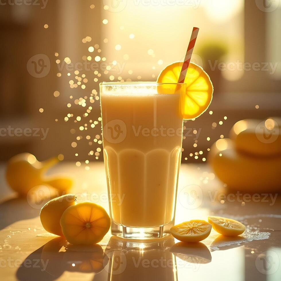 Refreshing Yellow Smoothie with Lemon Slice and Straw on Table photo