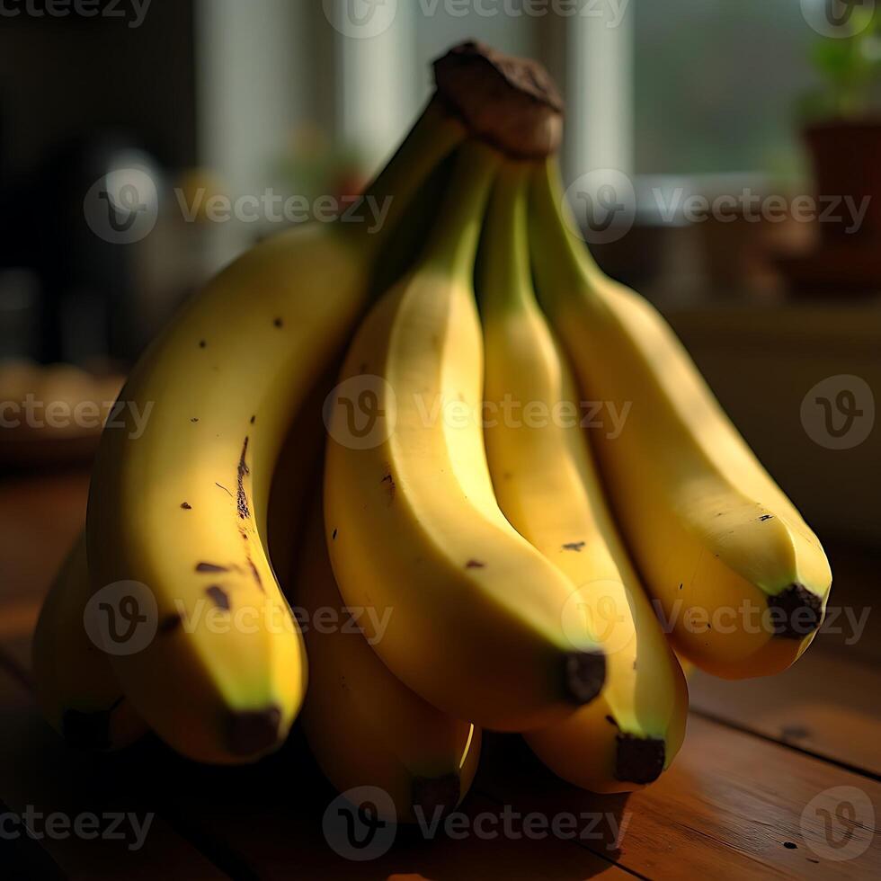 Fresh Bananas Bunch on Wooden Table Top, Healthy Food photo