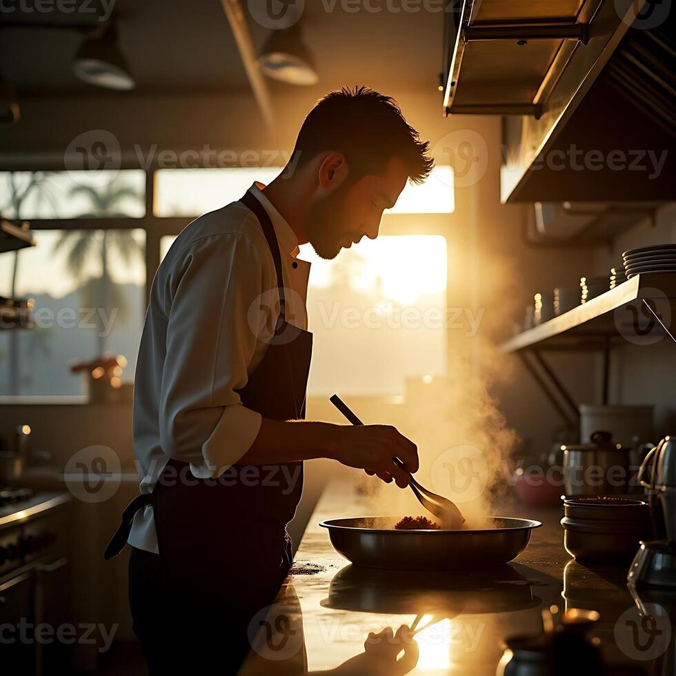 Chef Cooking in Kitchen with Sunlight Streaming Through Window photo