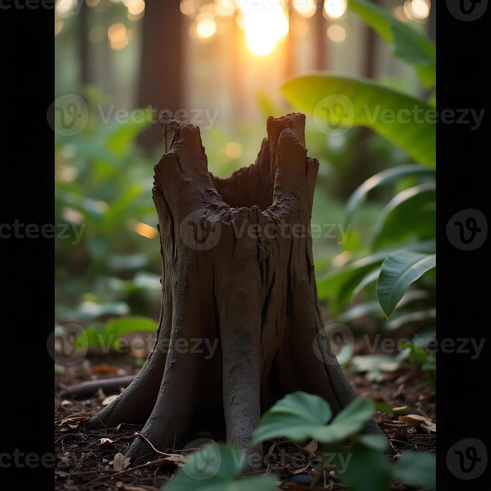 Tree Stump Standing Tall in Forest with Sunlight Filtering Through Leaves photo