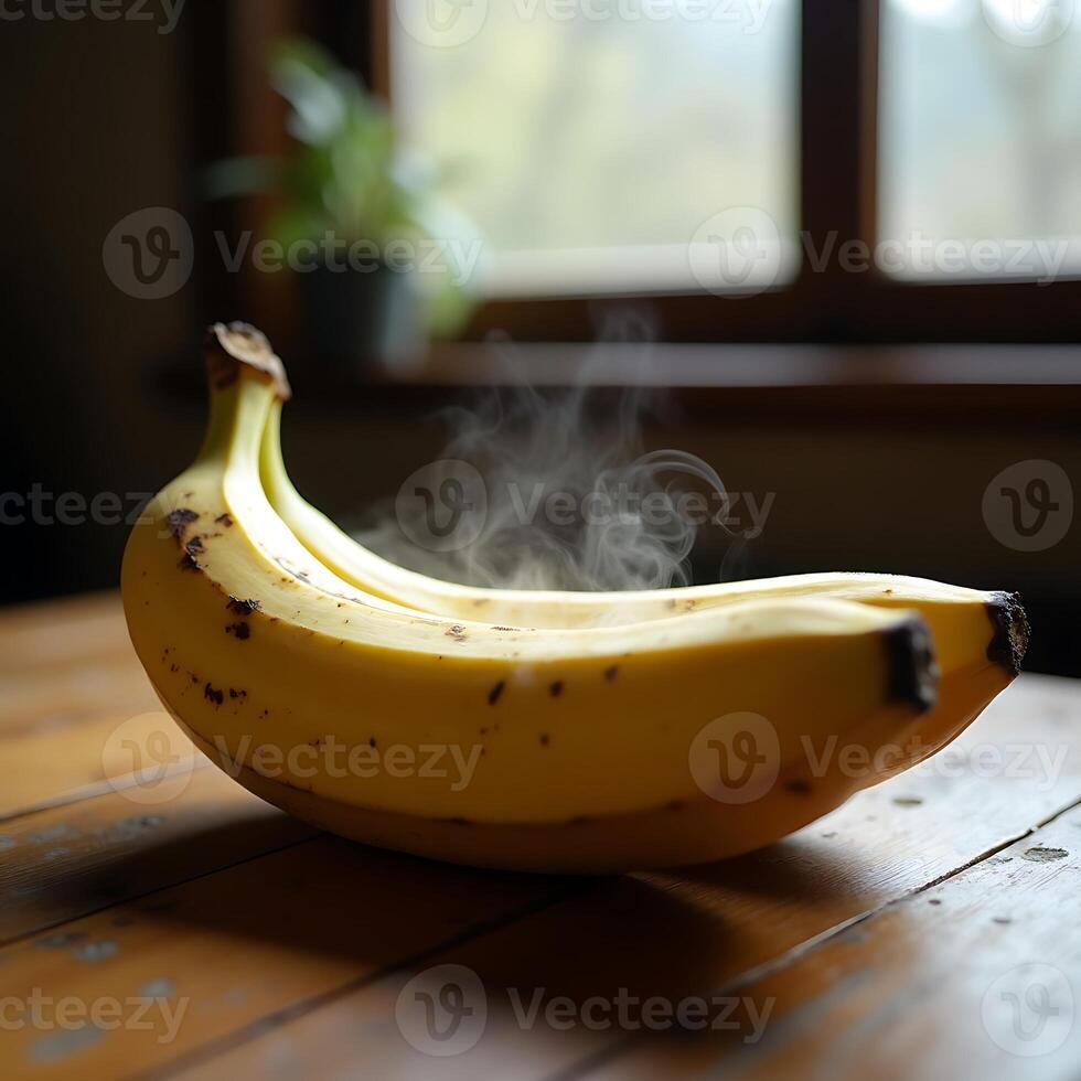 Steaming Hot Bananas on Wooden Table Indoor photo